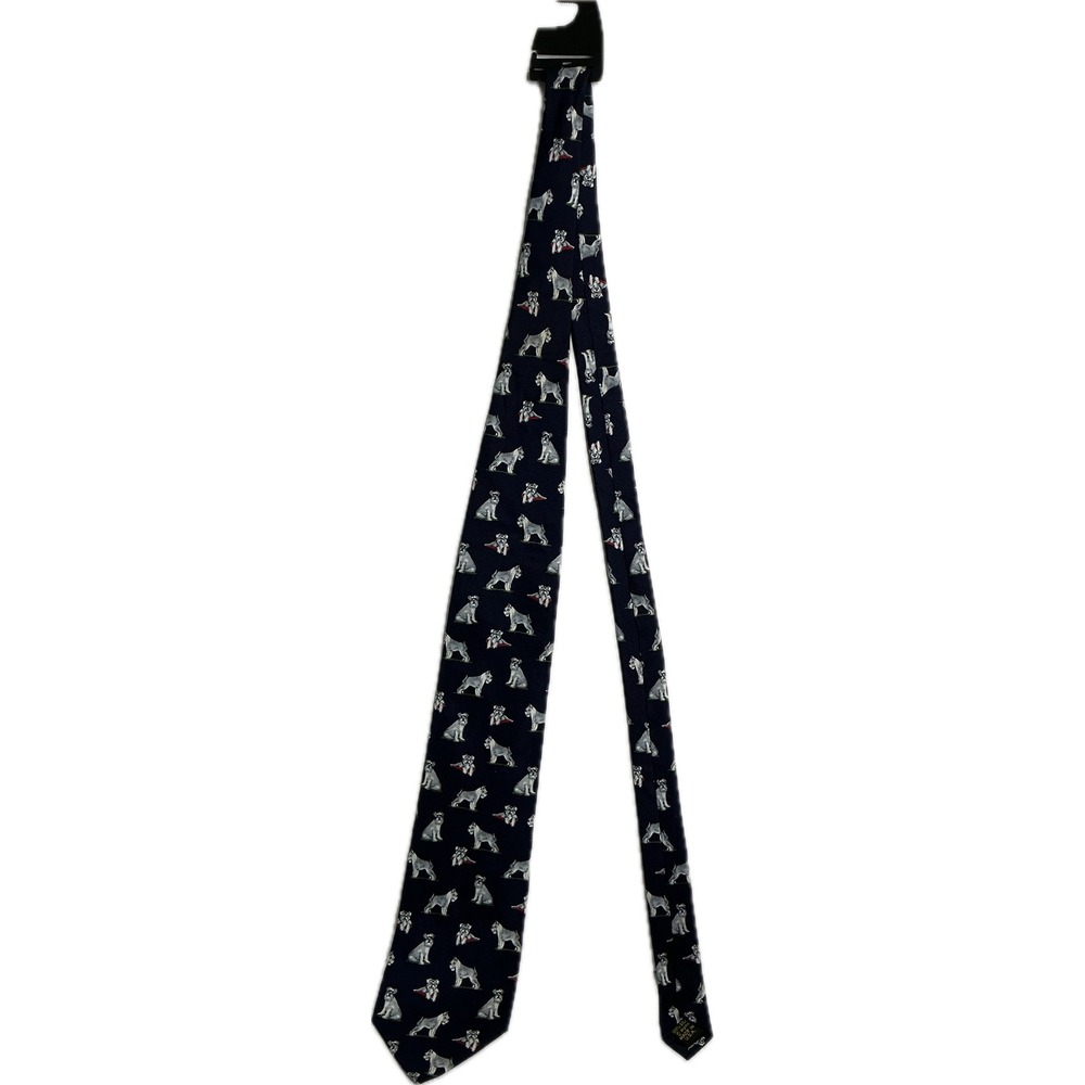 Alynn Neckwear Mens Navy Blue Silk Schnauzer Dog Print Tie Made in USA Silk